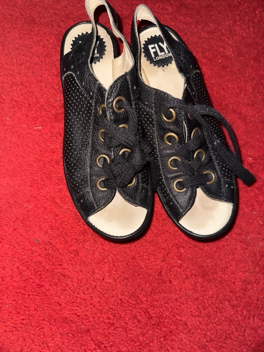 Fly London Black Perforated Open-Toe Lace-Up Slingbacks